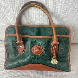 Dooney & Bourke Green Pebbled Leather Tote with Brown Trim
